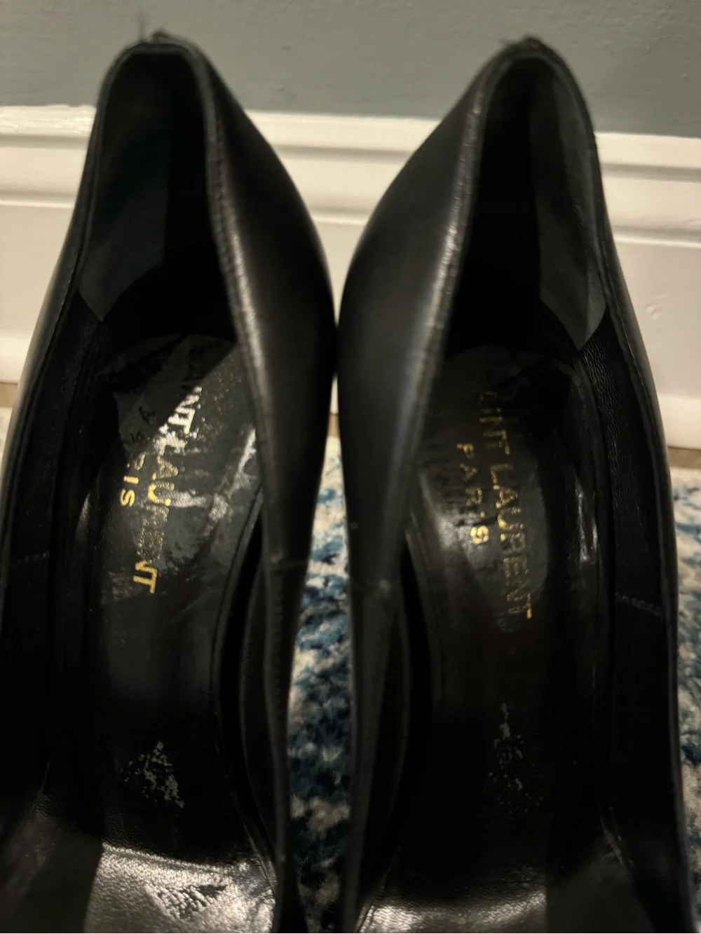 Saint Laurent Black Leather White Cap Toe Janis 105 Platform Pumps - Picture 5 of 9
